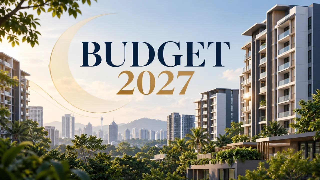 马来西亚住宅建筑与 Budget 2027 标题的生成编辑插画。