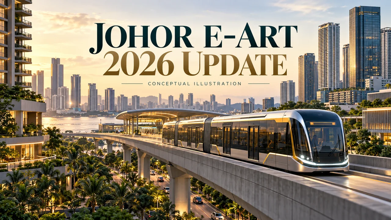 Conceptual generated illustration of an elevated transit vehicle and Johor Bahru-inspired cityscape, not an official E-ART design.