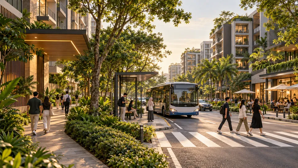 Conceptual Johor Bahru-inspired residential street with shaded pedestrian paths, a crossing, an ordinary bus stop, shops and tropical greenery.