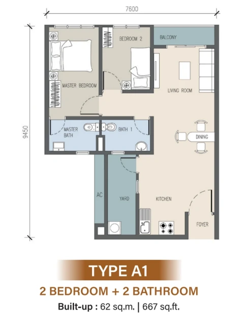 Tower C Type A1 · 667 sqft 户型图