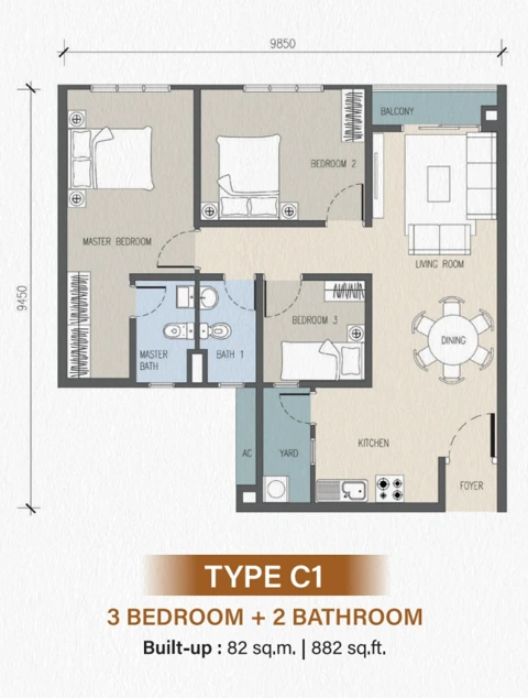 Tower C Type C1 · 882 sqft 户型图